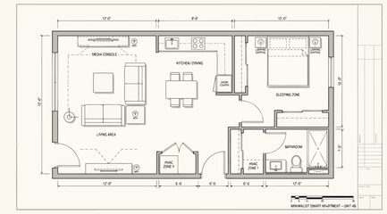 Architectural floor plan of a onebedroom apartment with living area, kitchen, and bathroom © Saharia