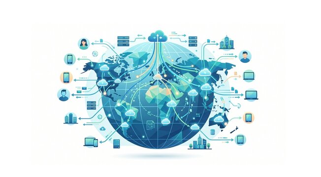 Global cloud content delivery network CDN infrastructure infographic with a geometric globe pattern