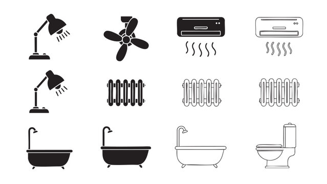 toilet icon set with sink faucets and heating symbols