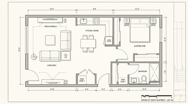 Architectural floor plan of a onebedroom apartment with living area, kitchen, and bathroom