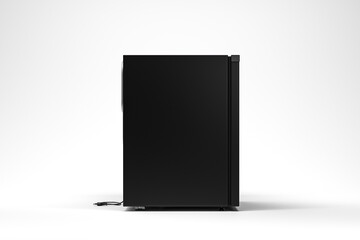 A sleek black mini fridge is displayed against a plain white background, showcasing its modern...