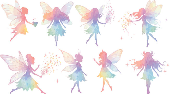A collection of beautiful watercolor fairy illustrations featuring vibrant rainbow colors and delicate wings isolated on a clean white background for design