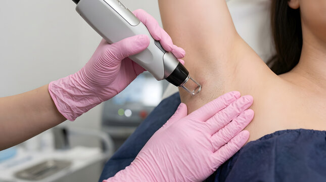 Dermatologist performing laser hair removal treatment on female underarm at beauty clinic