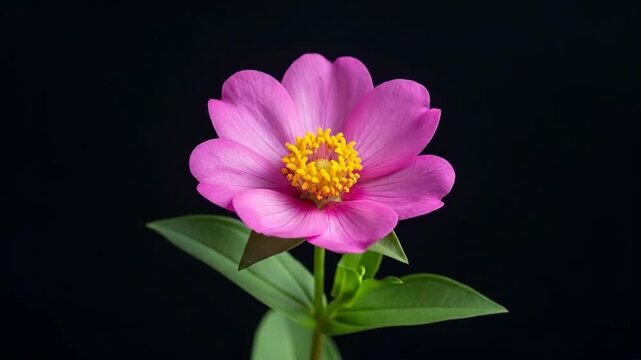 A vibrant pink zinnia flower with a yellow center against a dark background