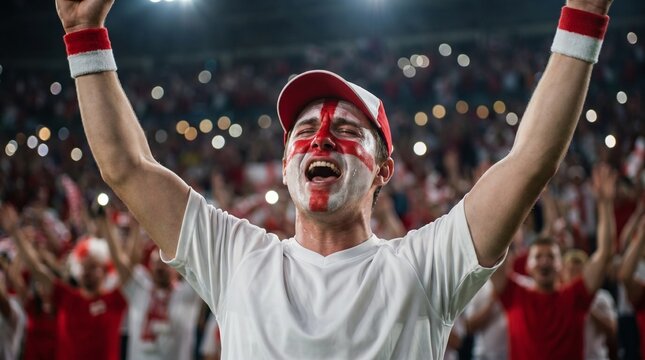 Highly emotional male English football fan with flag face paint cheering and shouting with arms raised at stadium