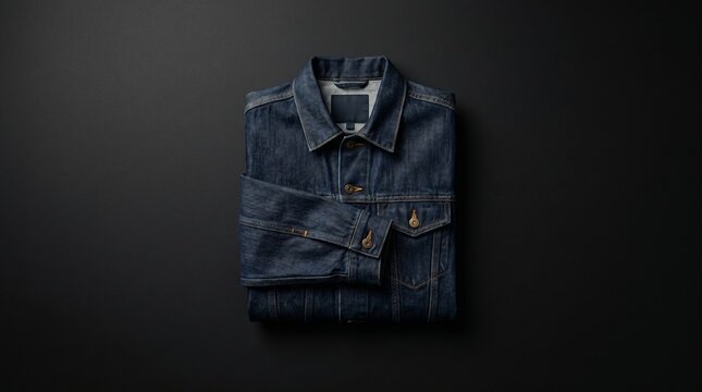 Folded dark blue denim jacket on a black surface