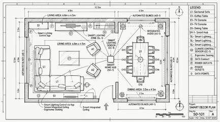 Obraz premium Smart decor plan for a living and dining area with lighting zones and furniture placement