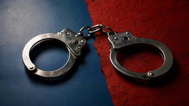 restraint. A pair of handcuffs on contrasting blue and red surfaces, symbolic separation. wellbeing guides, coaching materials, designed for coaching and self-improvement content.