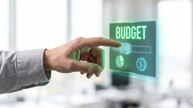 Premium Macro Hand Adjusting AR Ad Spend Budget Hologram Copyspace
