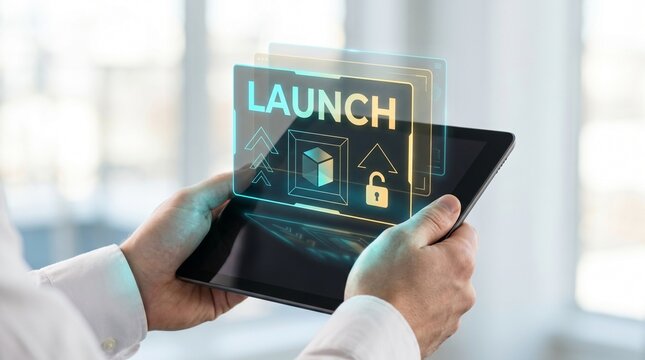 Premium Close Up Hands Holding Tablet AR 3D Product Launch Hologram Copyspace