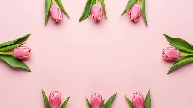Beautiful pink tulips arranged in a circular frame on a pastel background