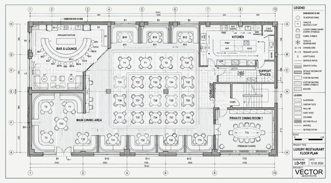 Luxury restaurant floor plan with detailed furniture layout and kitchen area