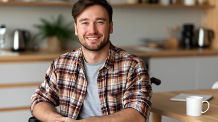 Obraz premium Smiling young man in wheelchair enjoying his day at home in the kitchen