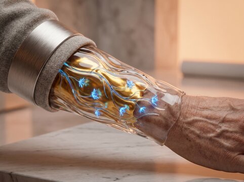 Close up of bionic arm with golden fluid and glowing blue flowers inside glass casing.
