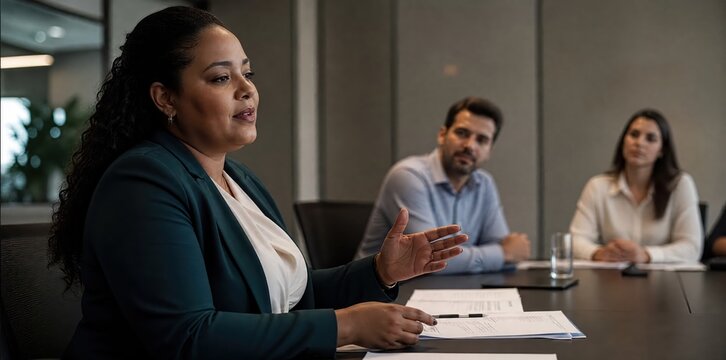 Generative AI, Mixed-race businesswoman speaking confidently in corporate meeting