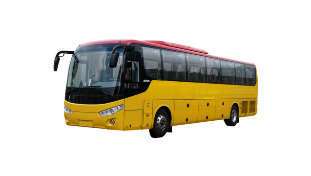 Isolated yellow and red modern passenger coach bus for public transport and tourism travel