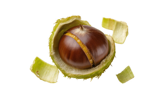 Isolated single fresh chestnut opening from its green prickly husk, sweet and natural