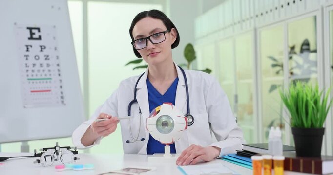 Young female doctor points at human eyeball anatomical model in clinic. Positive woman ophthalmologist consults about vision health in hospital