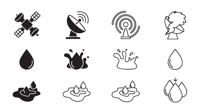 satellite dish signal icon set with energy and water droplet