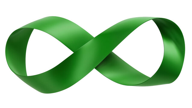 Isolated green ribbon forming a graceful infinity symbol, representing endless possibilities and continuity.