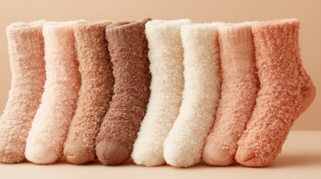Row of fluffy, textured socks displayed in an array of neutral and earthy colors.
