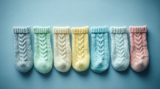 Seven miniature knitted booties in assorted pastel colors are aligned on a blue background