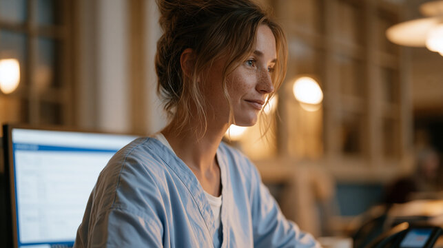 claims processing AI exception review queue open on a coder's workstation where a compliance auditor examines denial reason codes, healthcare revenue cycle department, autumn
