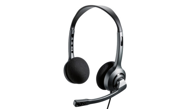 Isolated modern grey and black headset with boom microphone, professional communication headphones.