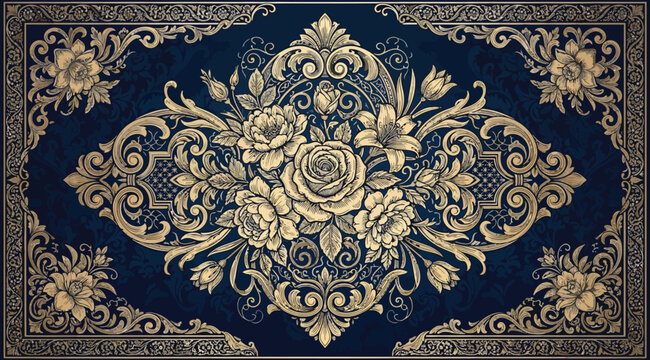 Ornate vintage floral pattern with roses and intricate scrollwork, luxury damask style background in deep blue and gold