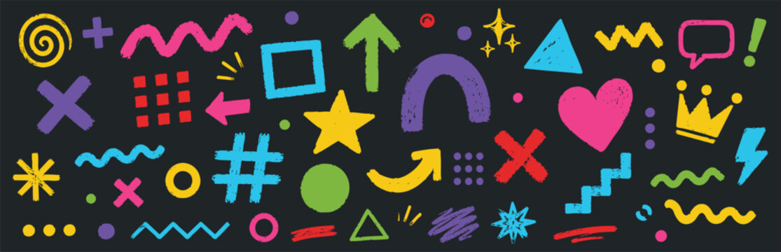Set of colorful handdrawn doodle elements, abstract shapes, arrows, and symbols on a dark background