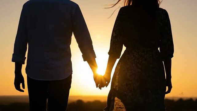 A romantic silhouette of a loving couple holding hands at golden sunset hour
