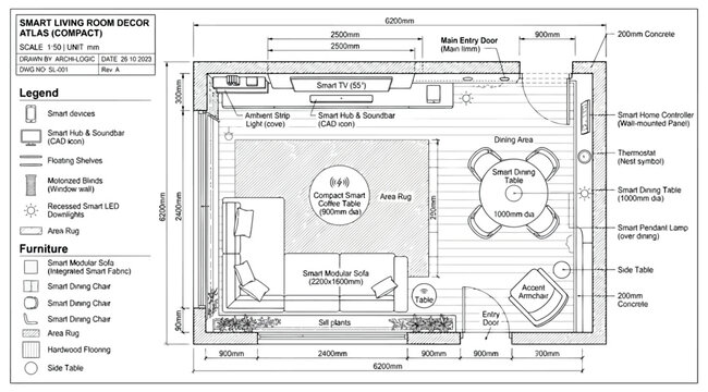 Detailed architectural floor plan of a compact smart living room layout with furniture dimensions and legend
