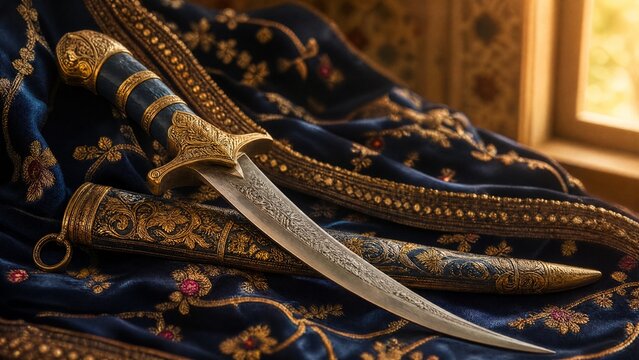kirpan. Ornamental kirpan on embroidered silk, cultural tradition and respect concept. event programs, museum guides, designed for cultural heritage projects and event programs, preserves heritage.