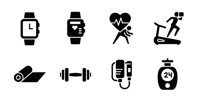 Fitness Icons Set, Health Tracking Smartwatch, Treadmill Running, Dumbbell Workout, Yoga Mat, Jump Rope, Digital Timer, Vector Graphics for Wellness Apps
