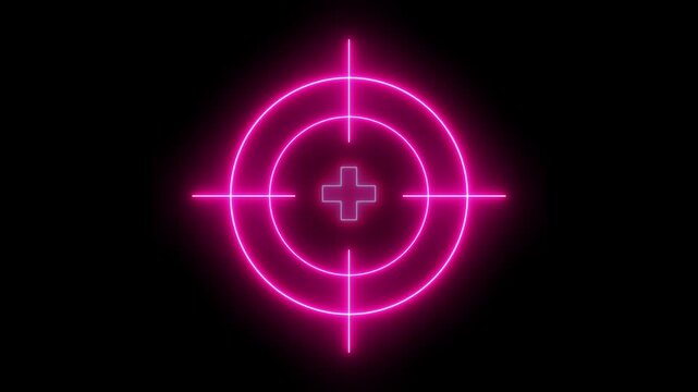 Glowing neon line target icon animation. Military target icon animation on black background, Military training, Crosshair, gun aim, sniper target. HUD Circle User interface with plus sign icon.