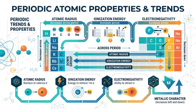 Periodic table trends and atomic properties educational infographic