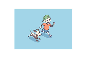 Fototapeta premium Skeleton Boy and Dog Running Illustration