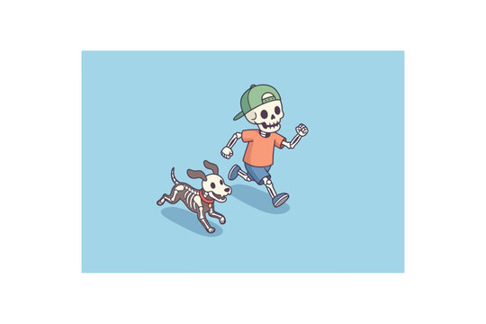 Skeleton Boy and Dog Running Illustration