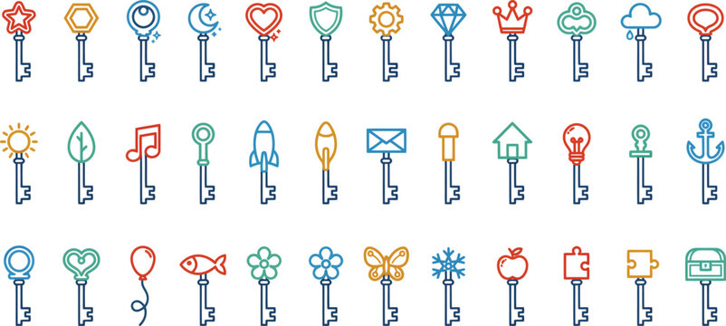 Colorful key icons with various symbols