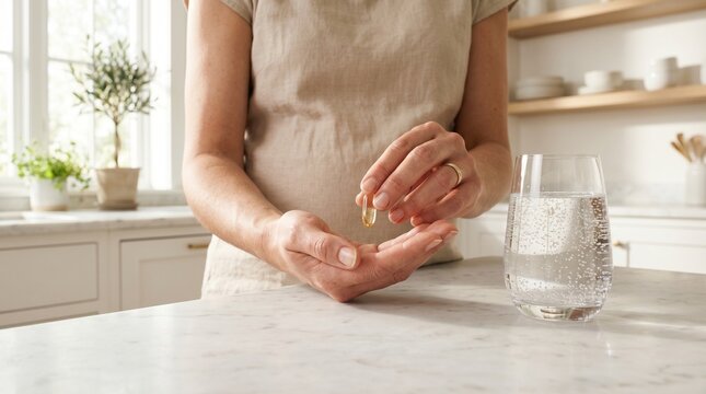 Woman Hands Holding Vitamin Softgel Capsule with Glass of Water in Bright Modern Kitchen, Healthy Lifestyle Wellness Nutrition and Daily Supplement Routine Concept