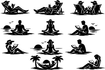 Obraz premium Summer Vacation Silhouettes of People Relaxing on Lounge Chairs