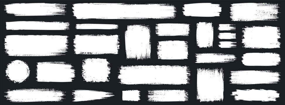 Set of grunge white paint brush strokes, frames and banners collection of distressed ink textures for design elements, labels, and backgrounds