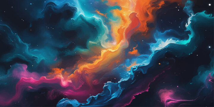 Abstract colorful fractal background with fiery smoke clouds and glowing space light