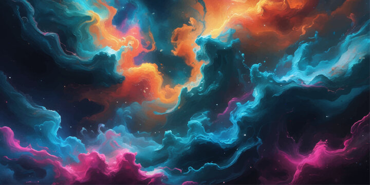 Abstract colorful space background with glowing clouds and fractal light in the dark sky