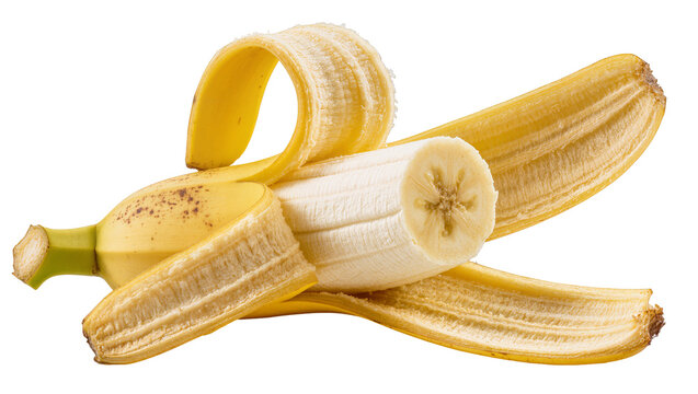 Isolated ripe banana, partially peeled with skin curled, fresh organic tropical fruit snack
