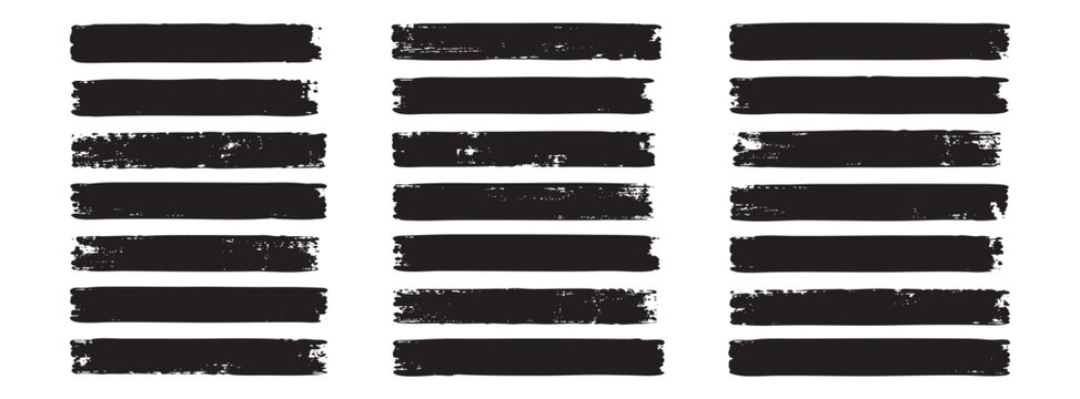 Set of grunge brush strokes, black ink lines, distressed texture elements, isolated on white background