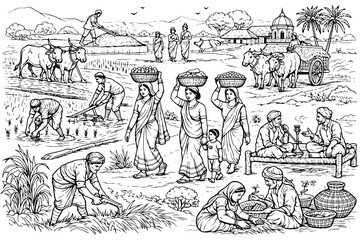 Obraz premium Indian Farmers and Village Workers Outline Illustration Pack