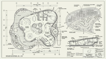 Obraz premium Organic architectural ground floor plan and site analysis for an ecofriendly villa