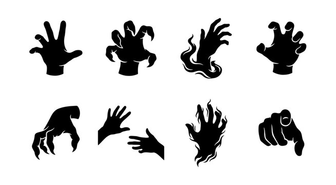 Spooky Silhouette Hands, Monster Claws, Pointing Finger, Vector Icons Set