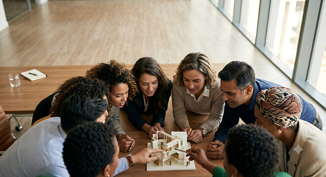 Diverse group of young adults collaborating on a puzzle together at a wooden table in a modern office.